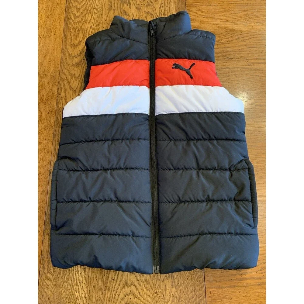 Puma Vest Size Small (7/8) Boys Kids Unisex Black Red Full Zip Logo Puffer